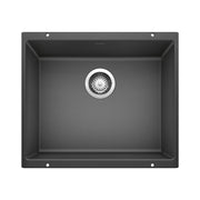 Anthracite undermount kitchen sink with single large bowl and chrome drain strainer, viewed from above.