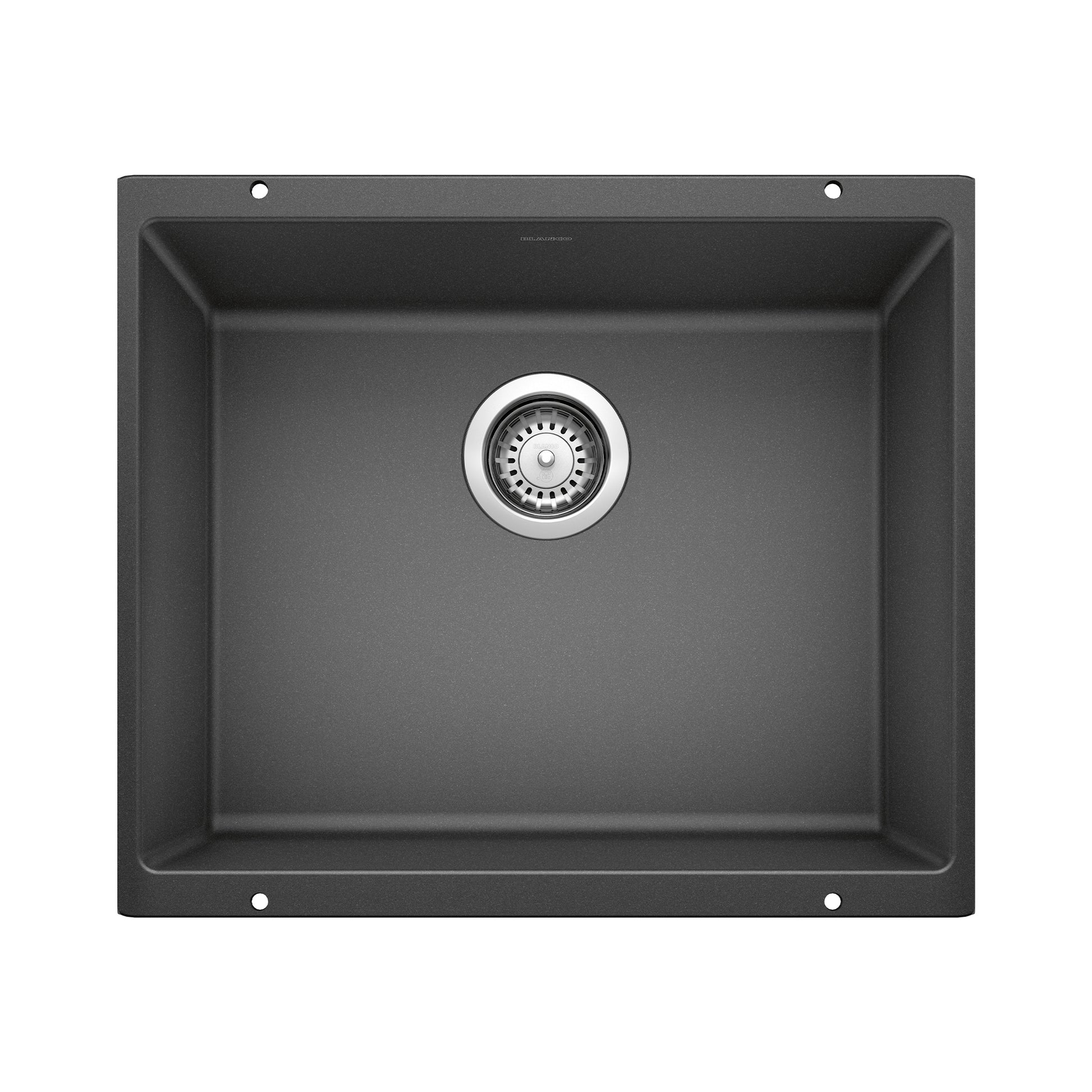 Anthracite undermount kitchen sink with single large bowl and chrome drain strainer, viewed from above.