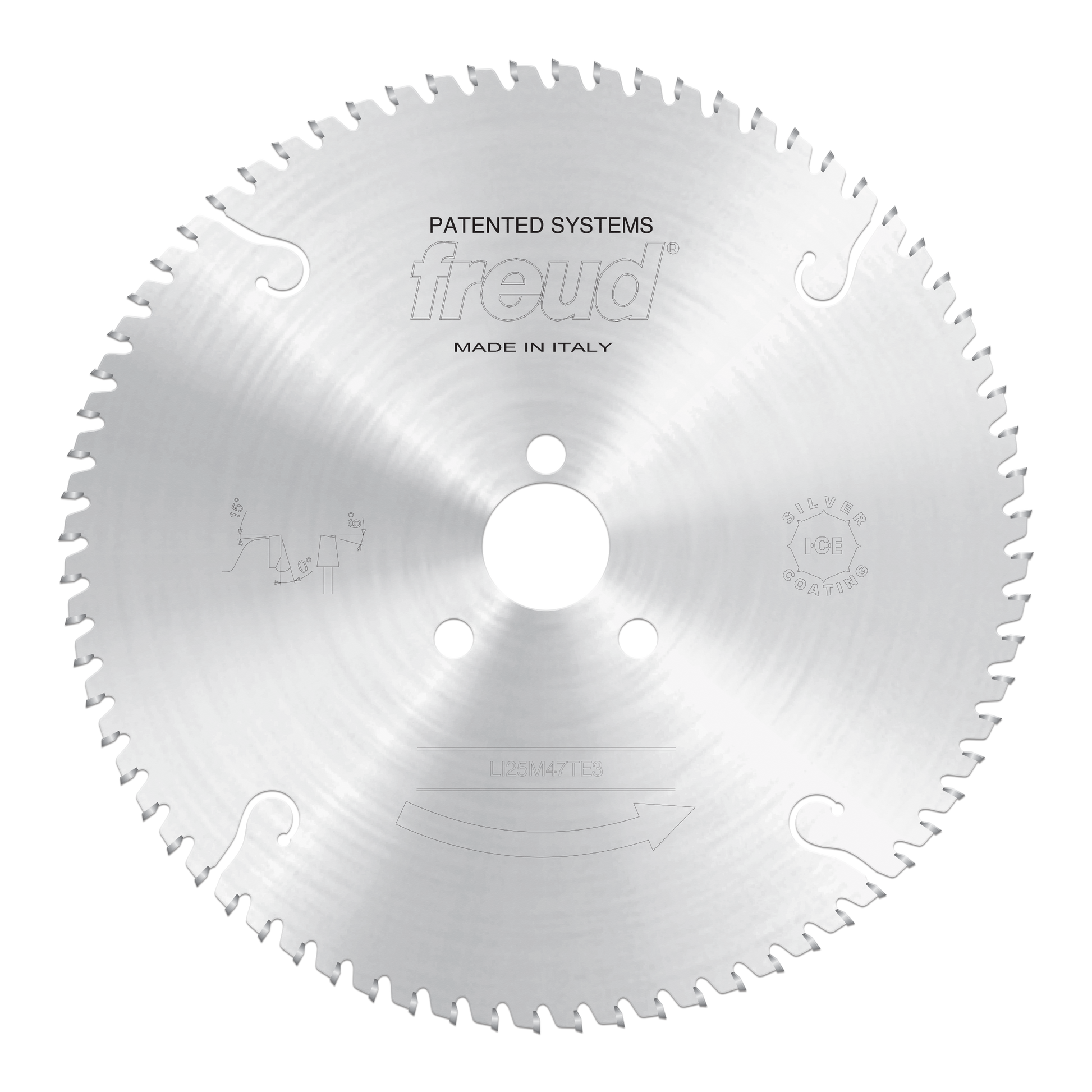 Freud conical scoring saw blade with fine teeth around perimeter, central arbor hole, and "Patented Systems" marking.