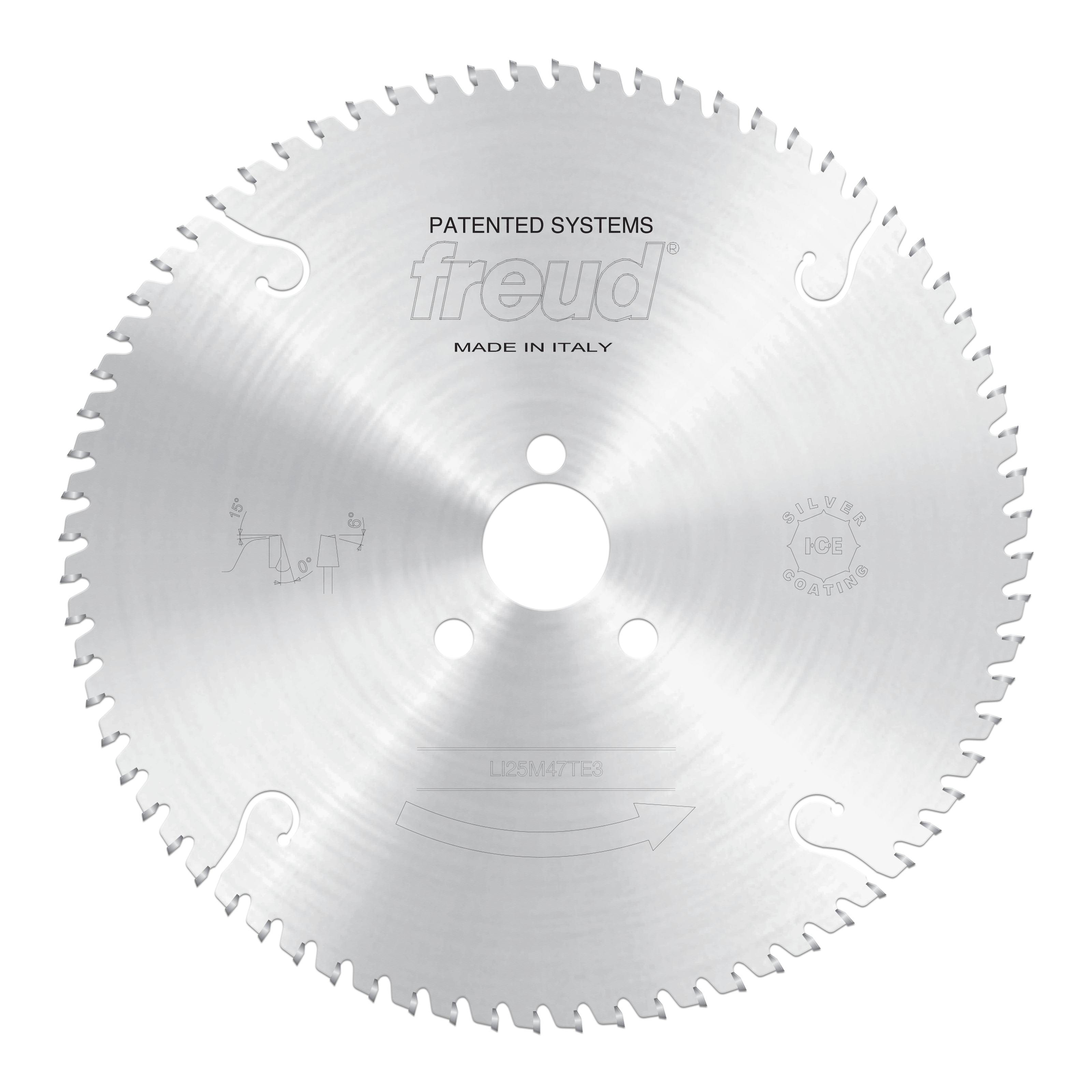 Freud conical scoring saw blade with fine teeth around perimeter, central arbor hole, and "Patented Systems" marking.
