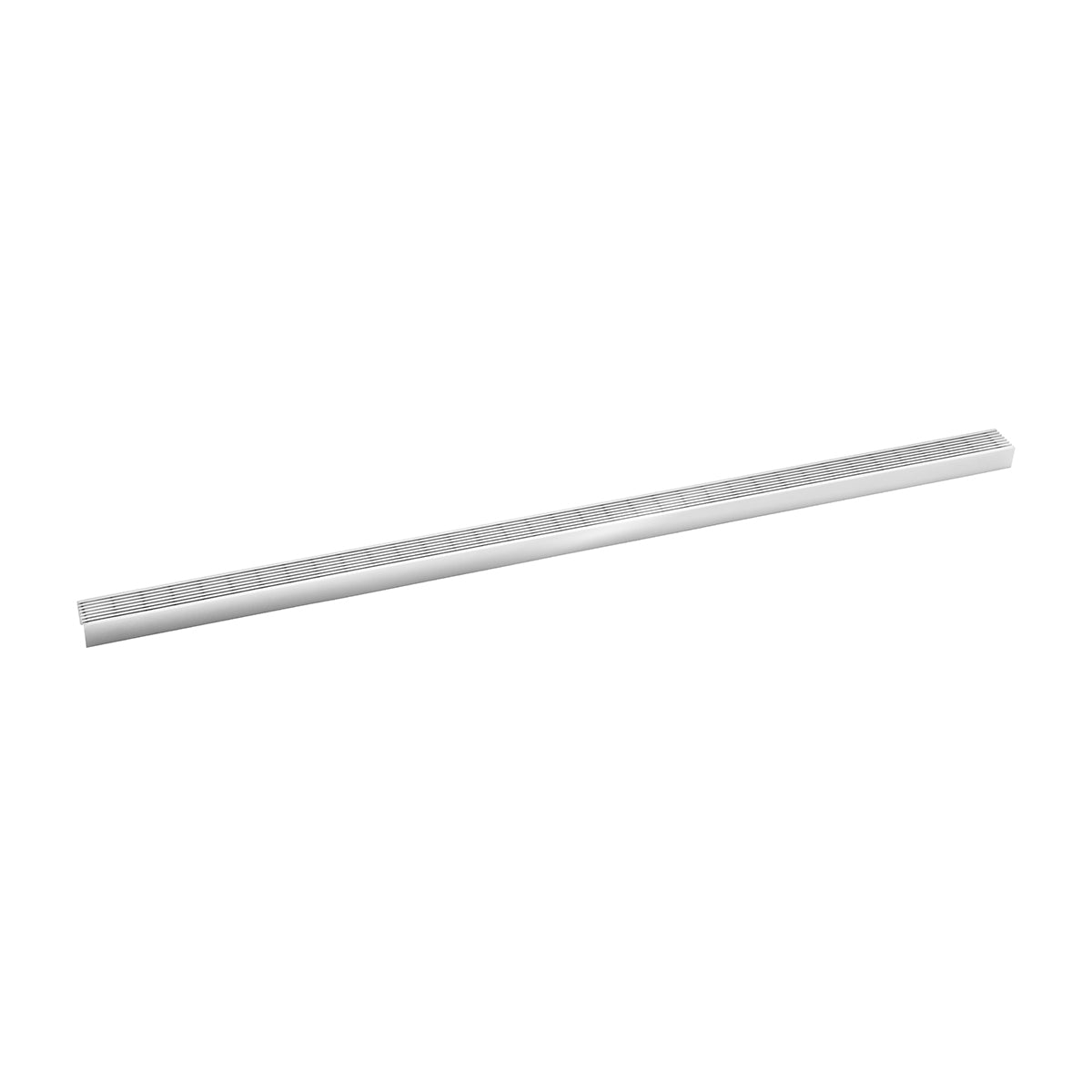 Satin stainless steel linear drain grate with horizontal slat pattern, 72 inches long.