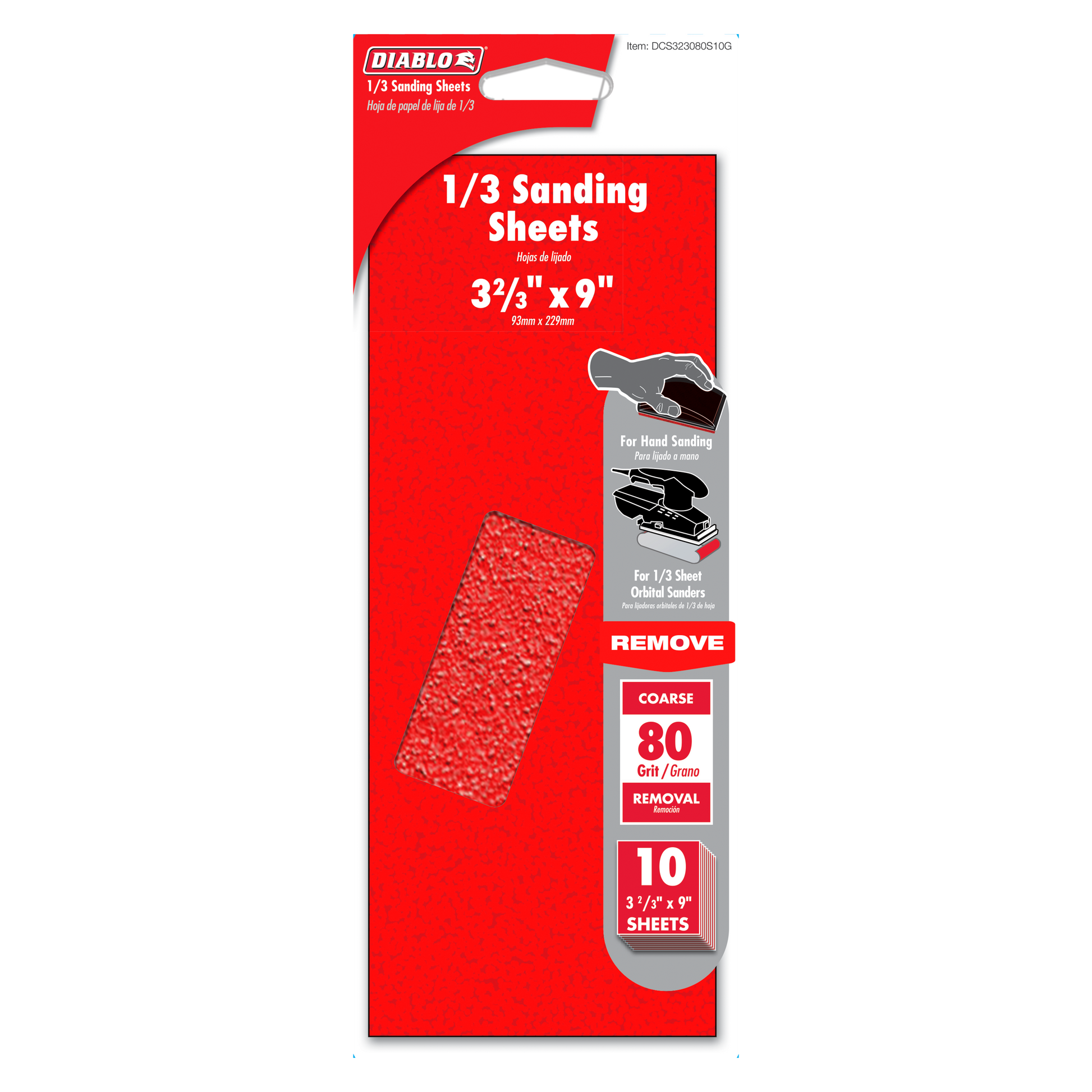 Diablo red package containing ten 1/3 sheet 80-grit coarse sanding sheets, 3⅔ by 9 inches.