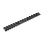 Long linear drain with matte black wedge wire grate and stainless steel frame.