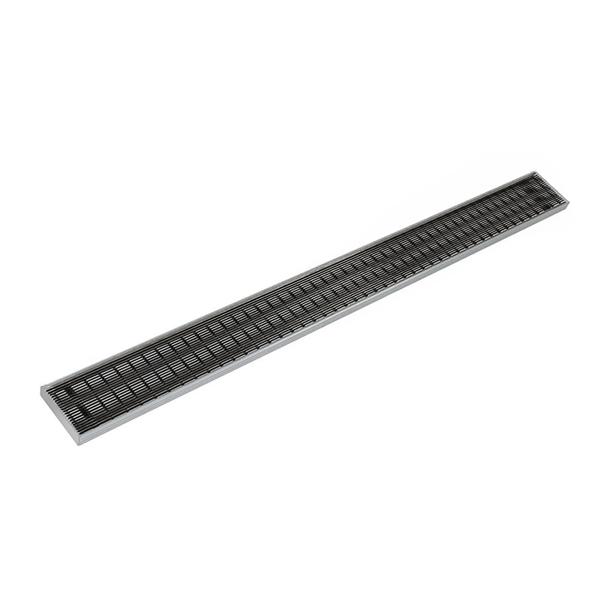 Matte black linear drain with slotted grate design, 48 inches long.