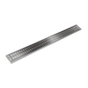 Polished stainless steel linear drain with slotted grate, 48 inches long.