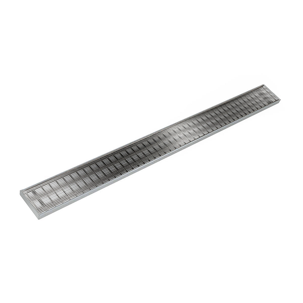 Polished stainless steel linear drain with slotted grate, 48 inches long.