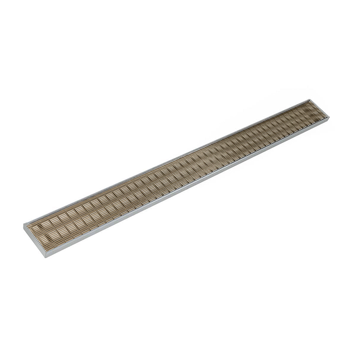 Satin bronze linear drain with slotted grate, 48 inches long, angled view.