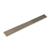Satin bronze linear drain with slotted grate, 48 inches long, angled view.