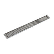 Satin stainless steel linear drain with parallel slot grate design, 48 inches long.