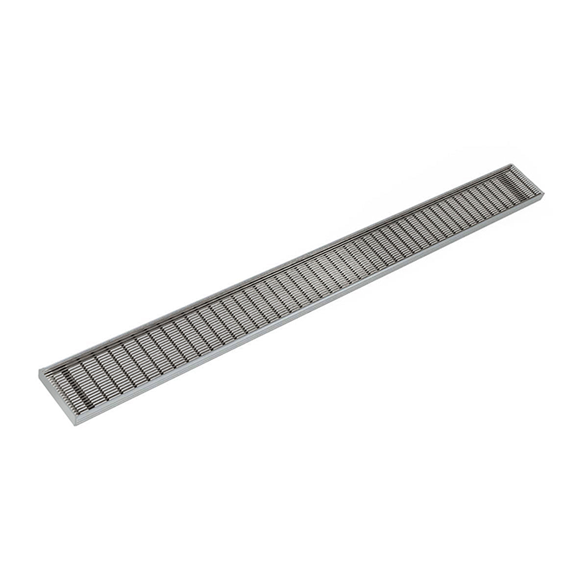 Satin stainless steel linear drain with parallel slot grate design, 48 inches long.