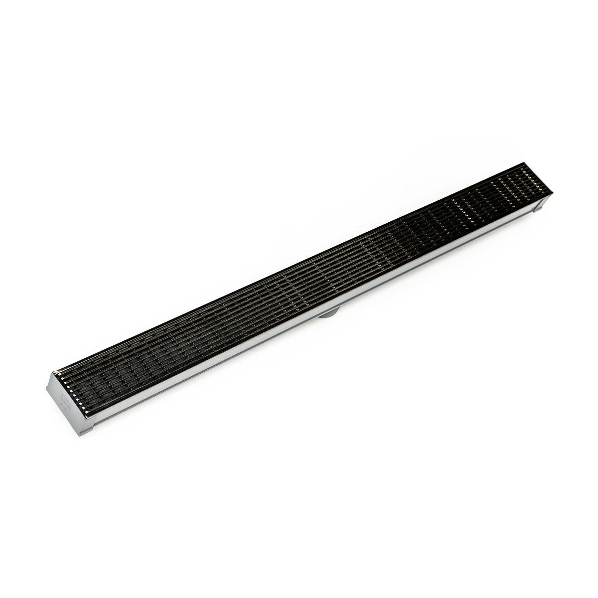Matte black linear drain with stainless steel frame and linear grate pattern, approximately 60 inches long.