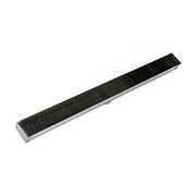Matte black linear drain with stainless steel frame and linear grate pattern, approximately 60 inches long.