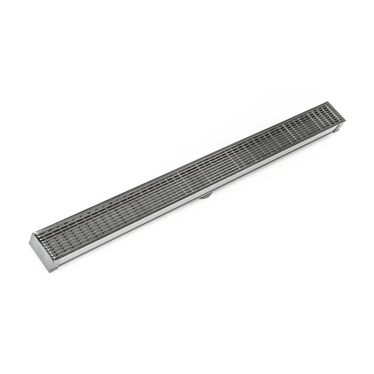 Satin stainless steel linear drain with grated top and sloped sides, 48 inches long.