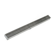 Satin stainless steel linear drain with grated top and sloped sides, 48 inches long.
