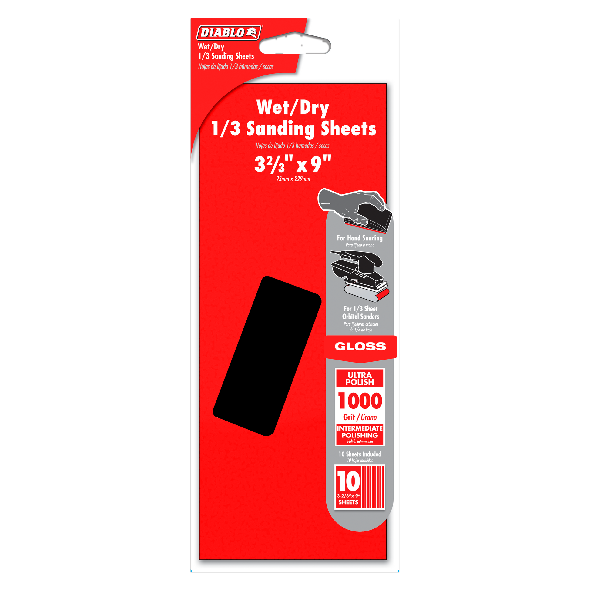 Diablo red and white package containing ten black 1/3 sheet sanding sheets with 1000-grit rating.