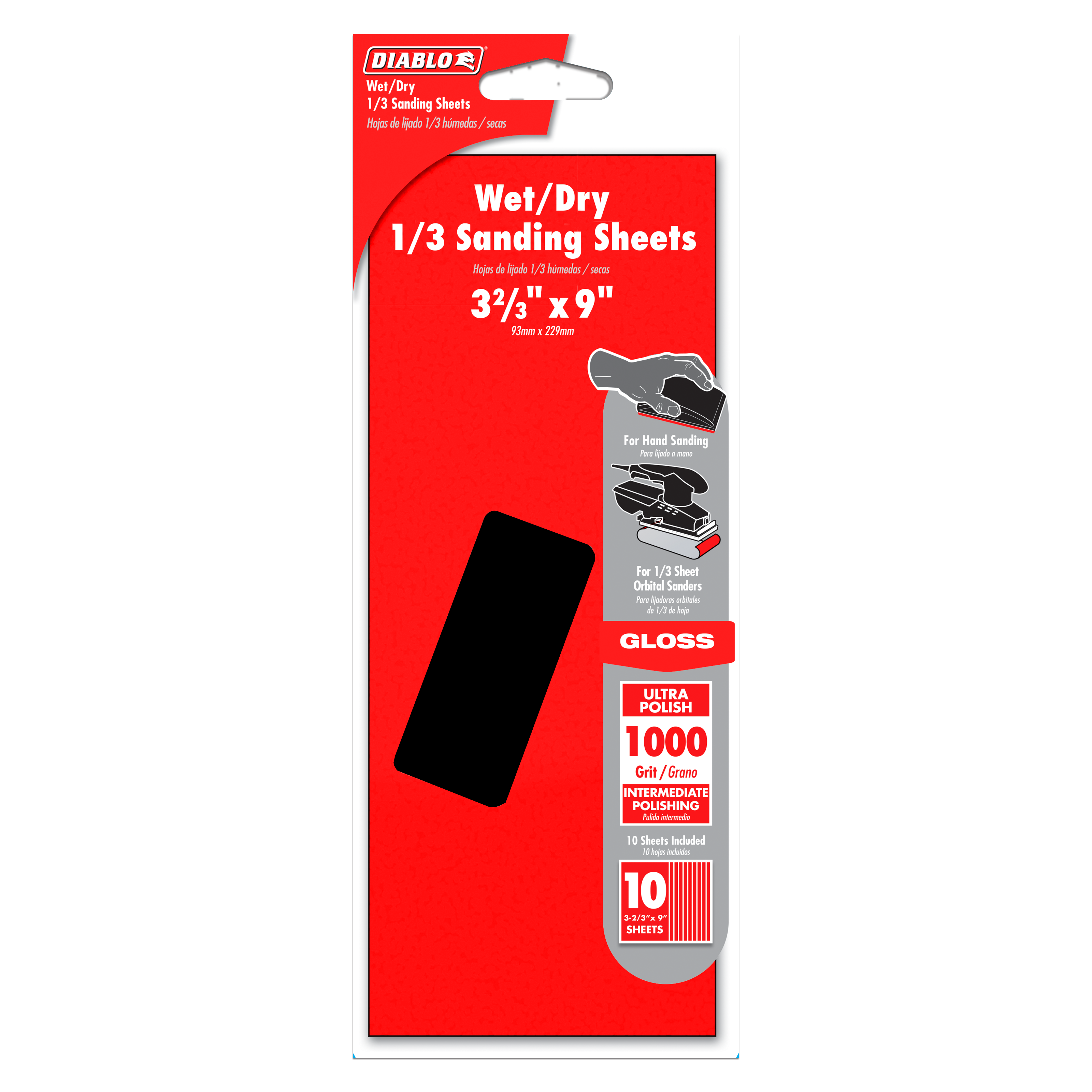 Diablo red and white package containing ten black 1/3 sheet sanding sheets with 1000-grit rating.