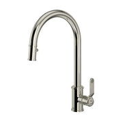 Polished nickel pull-down kitchen faucet with curved C-spout and single lever handle.