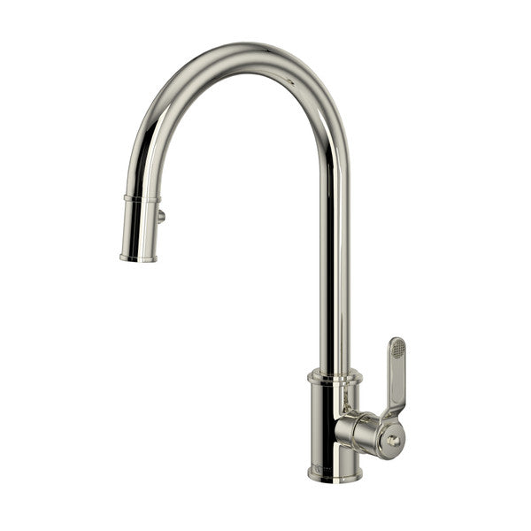 Polished nickel pull-down kitchen faucet with curved C-spout and single lever handle.