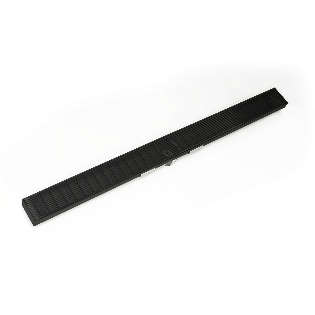 Matte black linear drain with slotted grate design, 60 inches long.