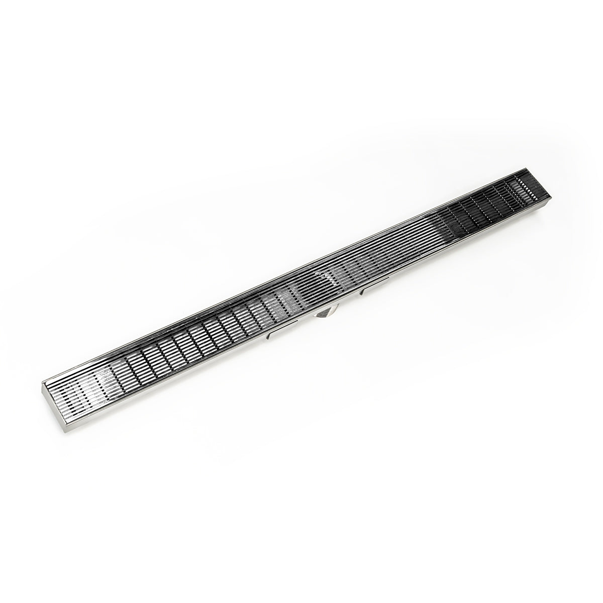 Polished stainless steel linear drain with slotted grate, approximately 48 inches long.