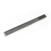 Satin stainless steel linear drain with horizontal slat grate pattern, 36 inches long.