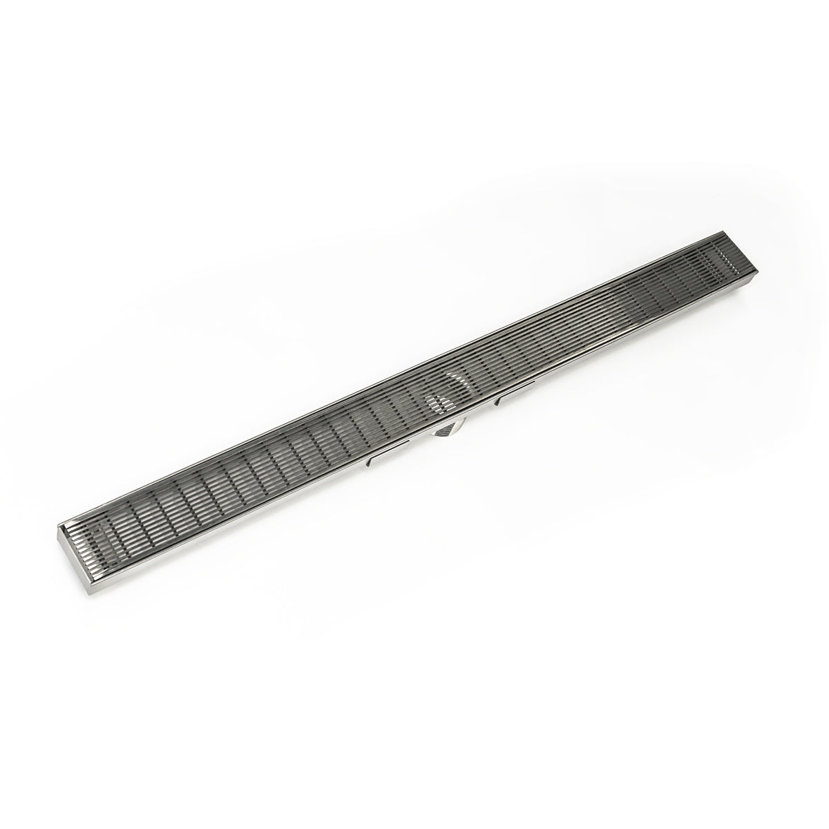 Satin stainless steel linear drain with horizontal slat grate design, 48 inches long.