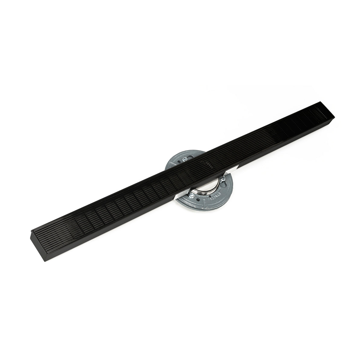 Matte black 48-inch linear drain with horizontal slotted grate and chrome mounting hardware.