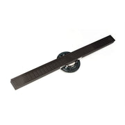 Oil rubbed bronze linear drain with horizontal slotted grate and round drainage ports on white background.