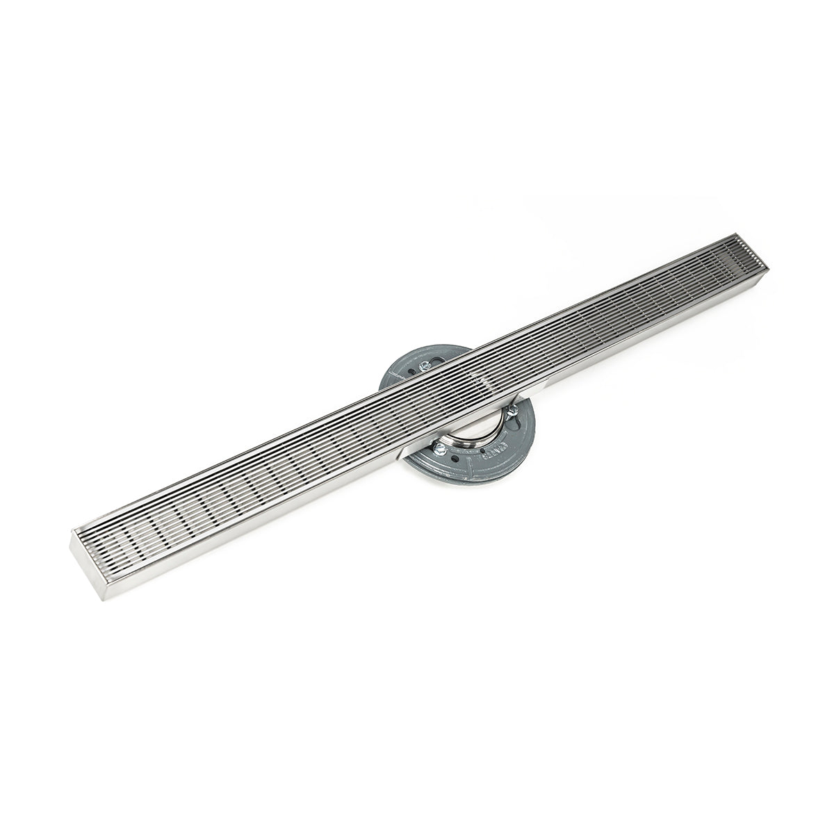 Polished stainless steel linear drain with slotted grate and circular connection fitting.