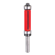 Flush trim router bit with 1/2" diameter, red plastic body, metal bearings at top and bottom, and steel shank.