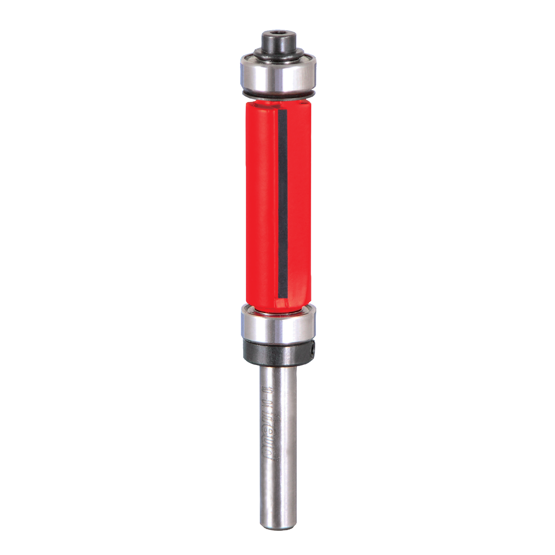 Flush trim router bit with 1/2" diameter, red plastic body, metal bearings at top and bottom, and steel shank.