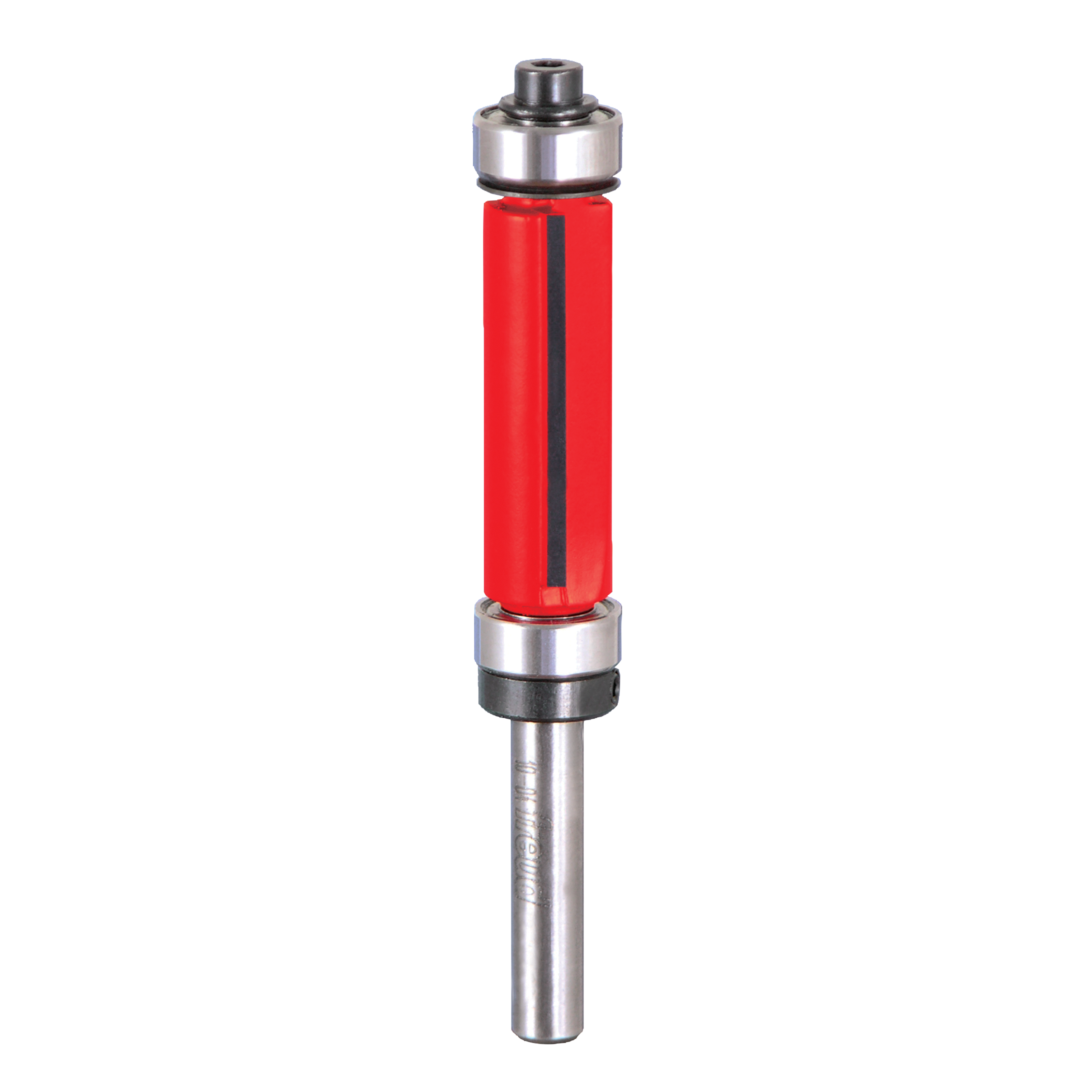 Flush trim router bit with 1/2" diameter, red plastic body, metal bearings at top and bottom, and steel shank.
