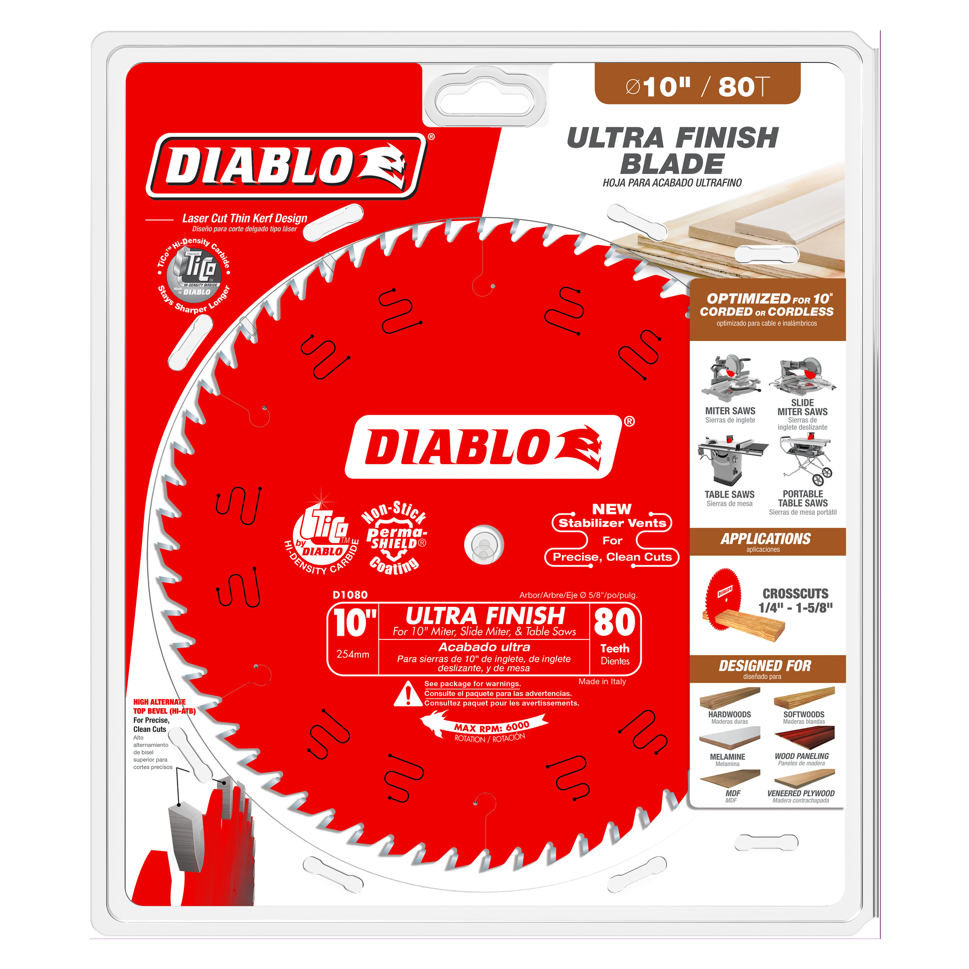 Diablo 10-inch circular saw blade with 80 teeth on red packaging, showing specifications and application icons.