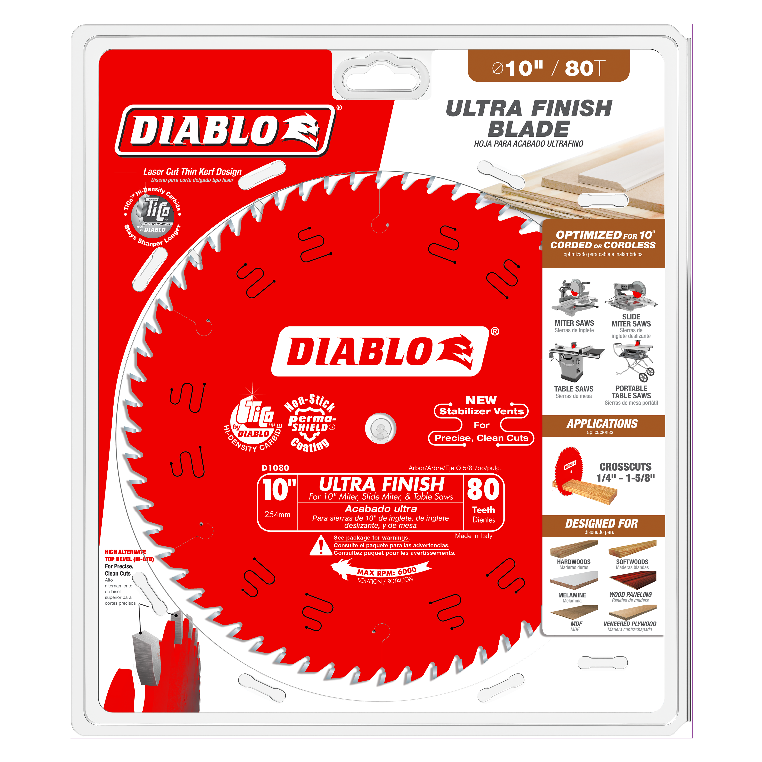 Diablo 10-inch circular saw blade with 80 teeth on red packaging, showing specifications and application icons.
