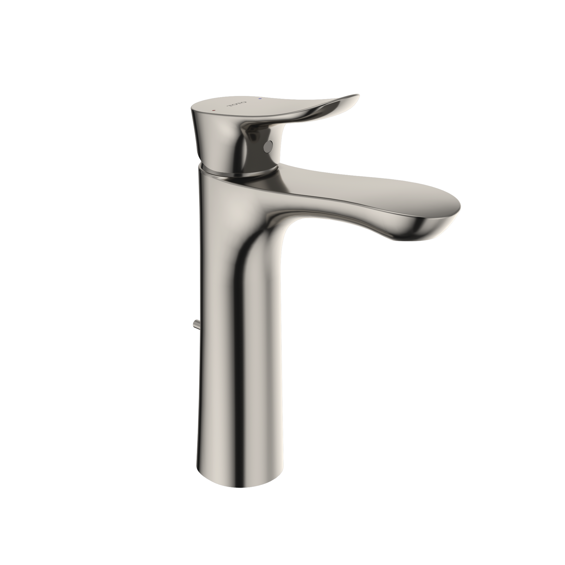 Polished nickel single-handle bathroom faucet with curved spout and lever handle.