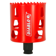 Red cylindrical hole saw with serrated cutting edge and black shank, Diablo brand logo visible.