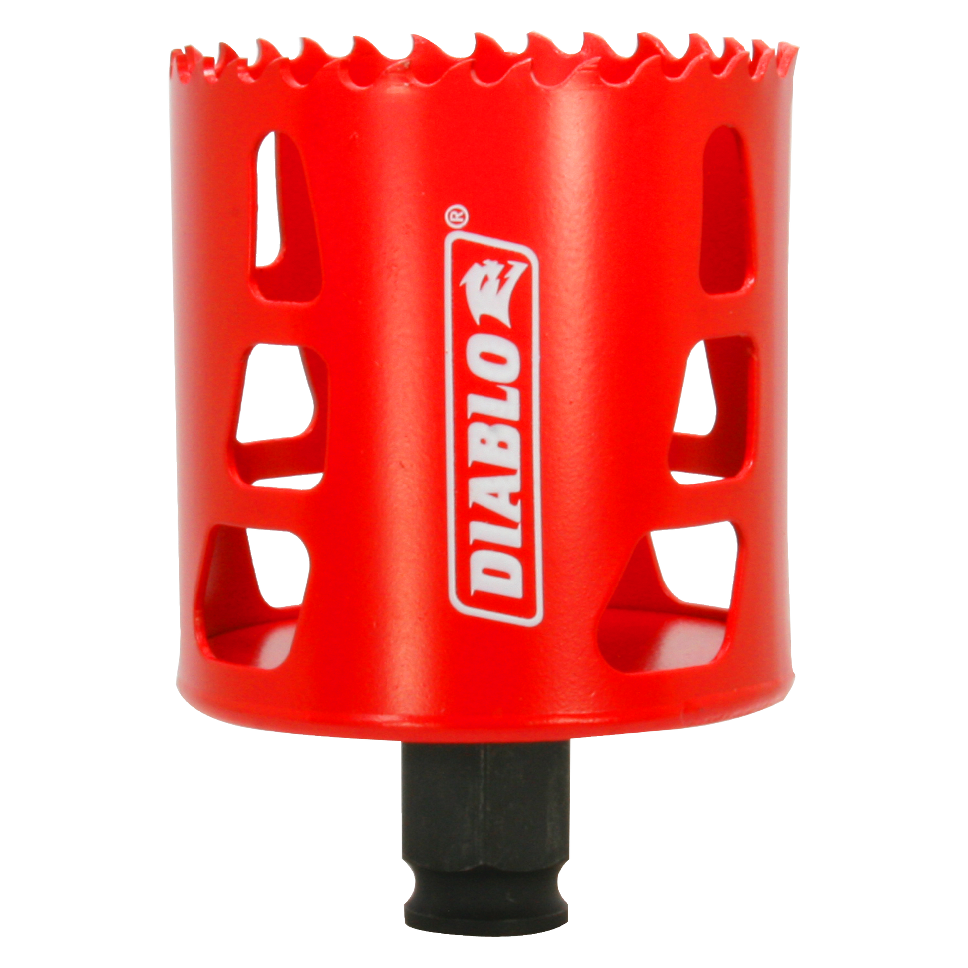 Red cylindrical hole saw with serrated cutting edge and black shank, Diablo brand logo visible.
