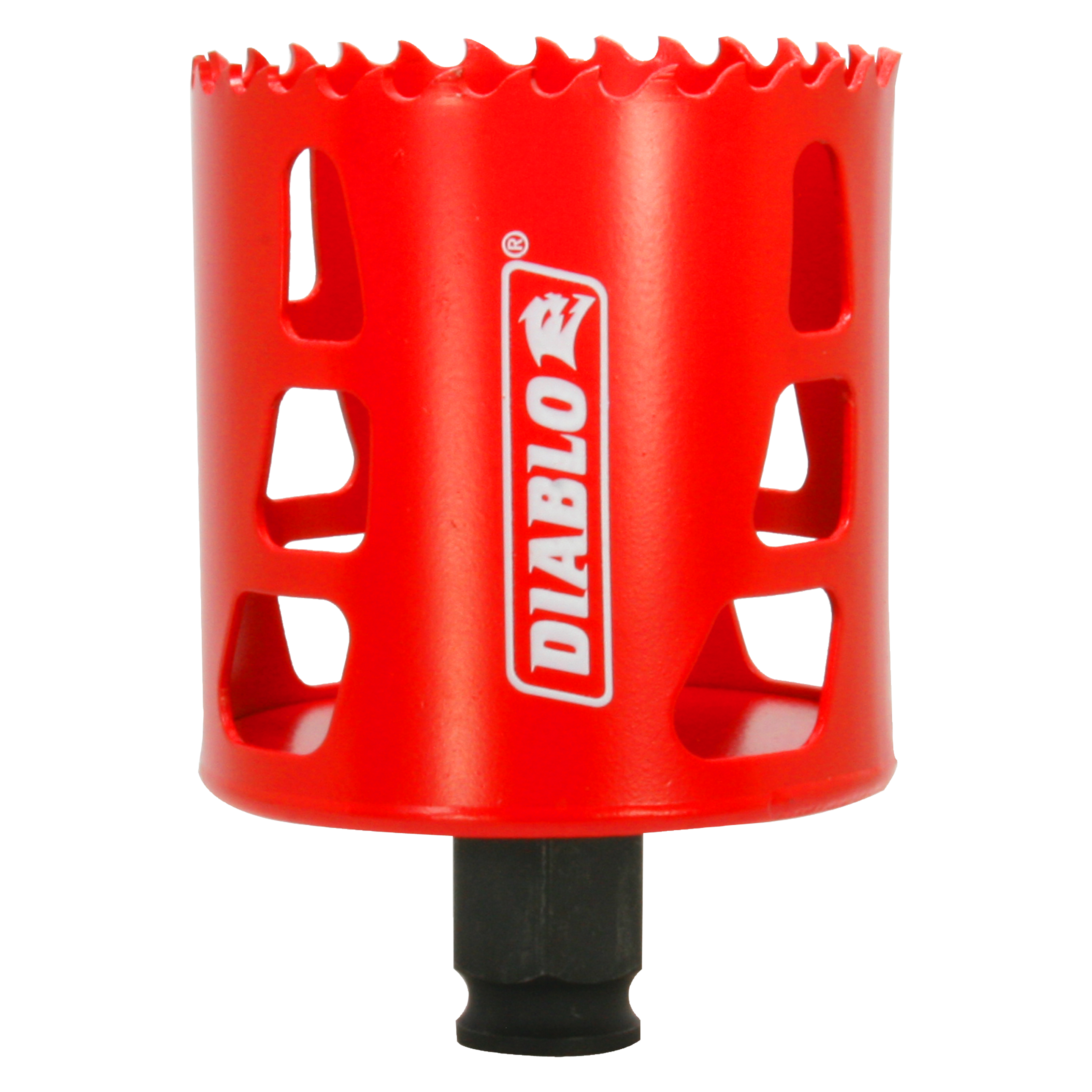 Red cylindrical hole saw with serrated cutting edge and black shank, Diablo brand logo visible.