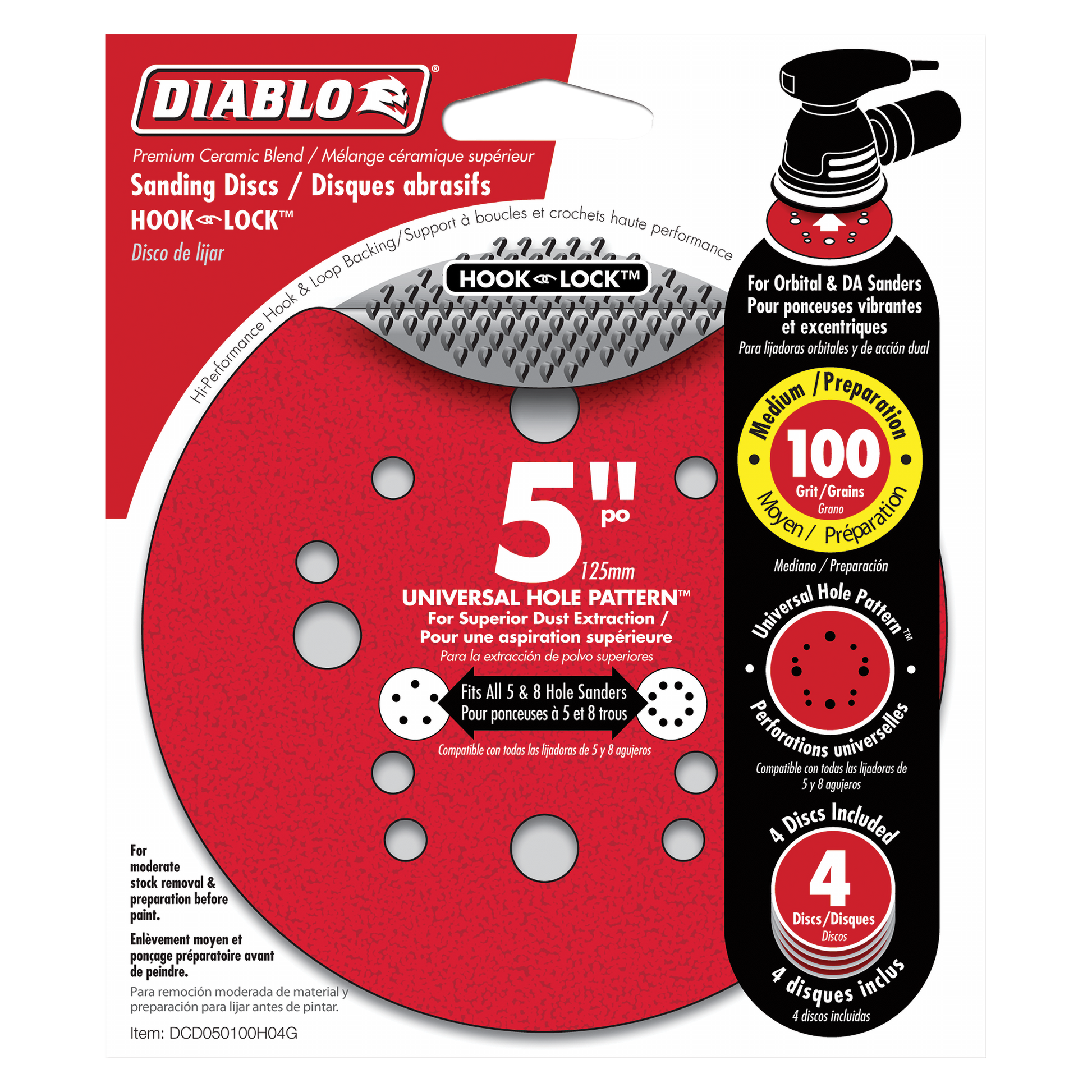 Four 5-inch red sanding discs with hook-and-lock backing and universal hole pattern for orbital sanders, 100 grit.