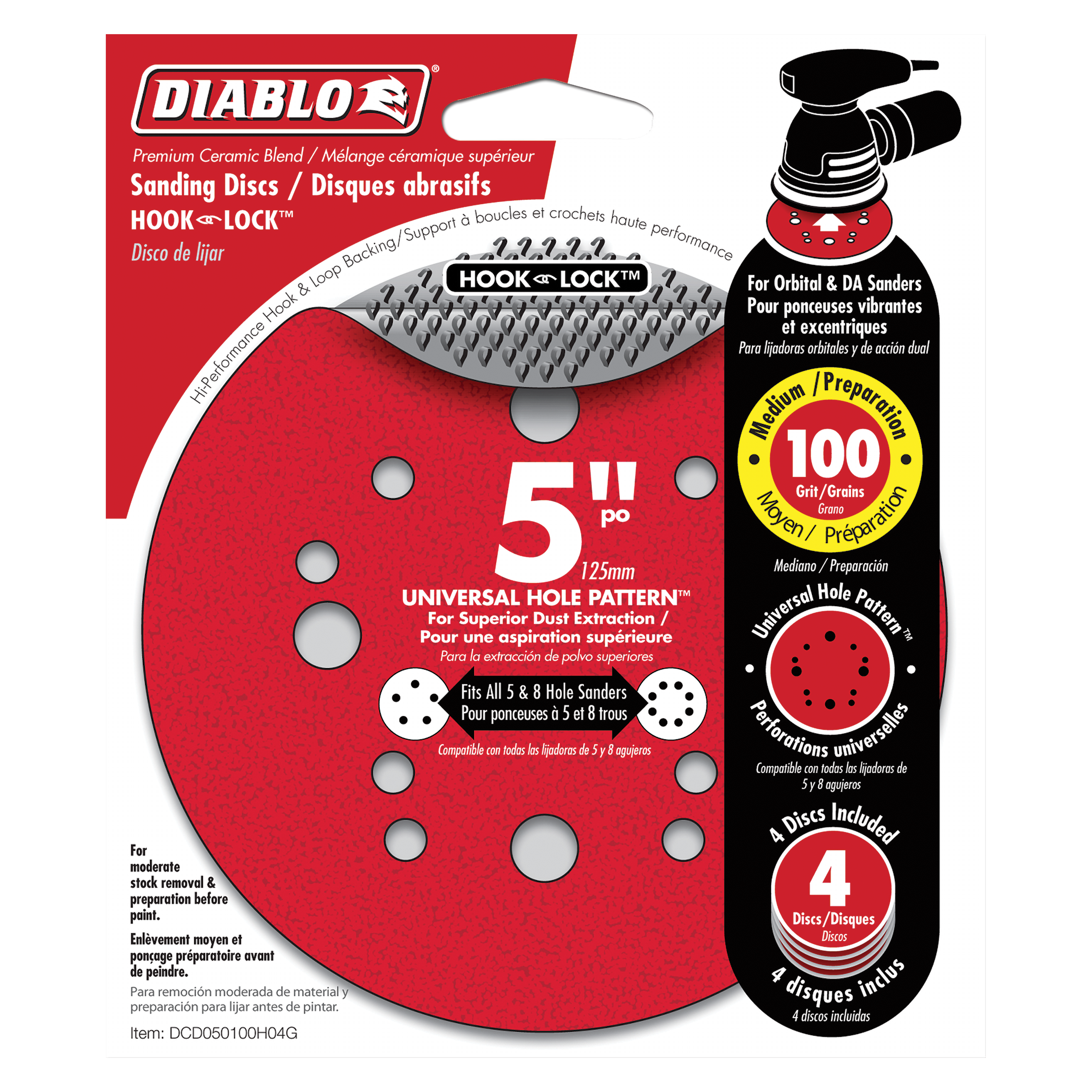 Four 5-inch red sanding discs with hook-and-lock backing and universal hole pattern for orbital sanders, 100 grit.