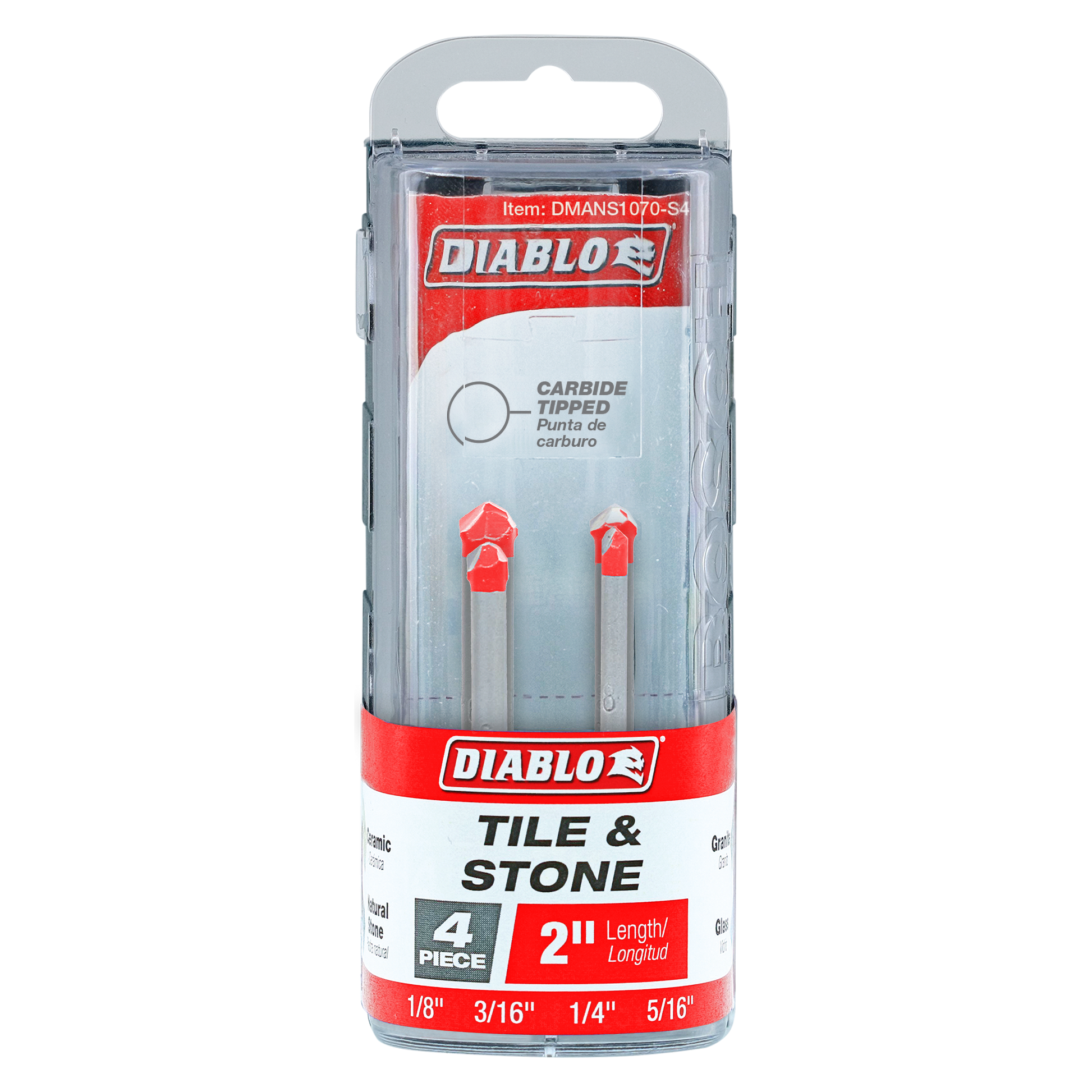 Diablo 4-piece tile and stone carbide-tipped drill bit set with red tips, displayed in clear plastic packaging showing bit si