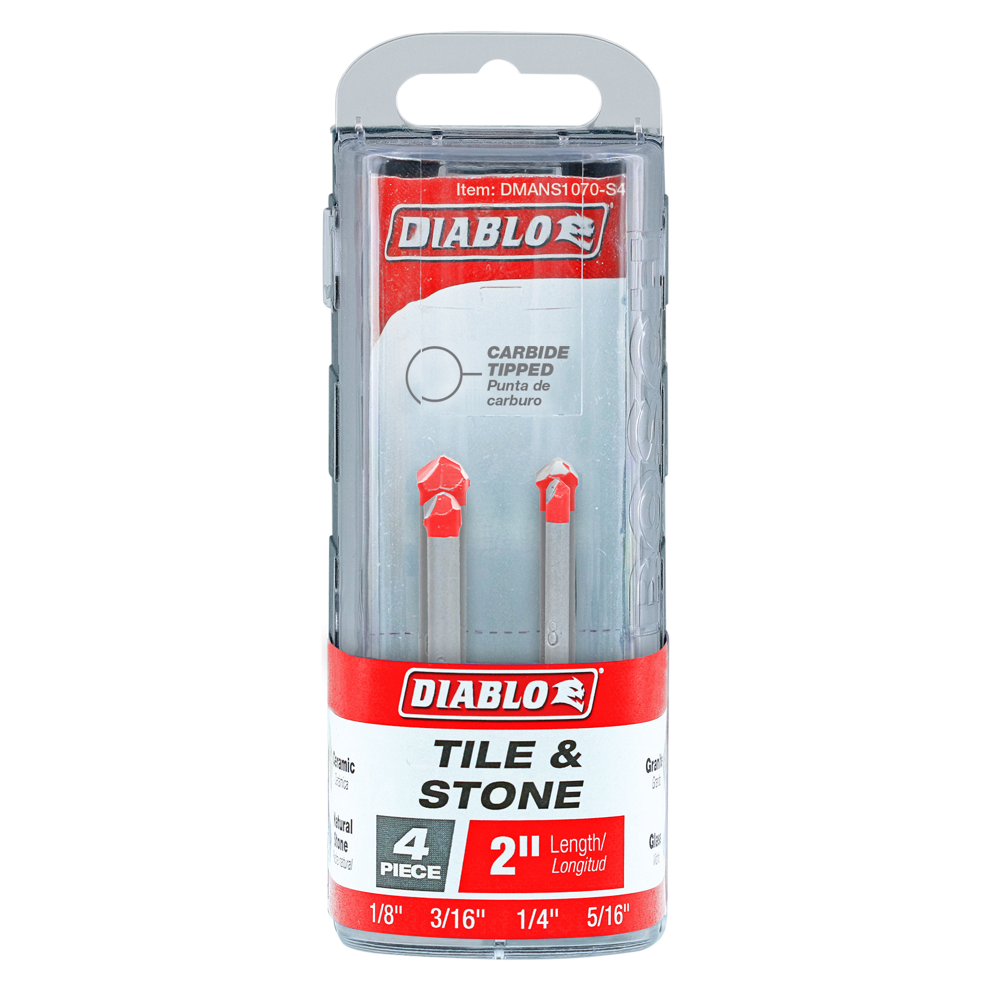 Diablo 4-piece tile and stone carbide-tipped drill bit set with red tips, displayed in clear plastic packaging showing bit si