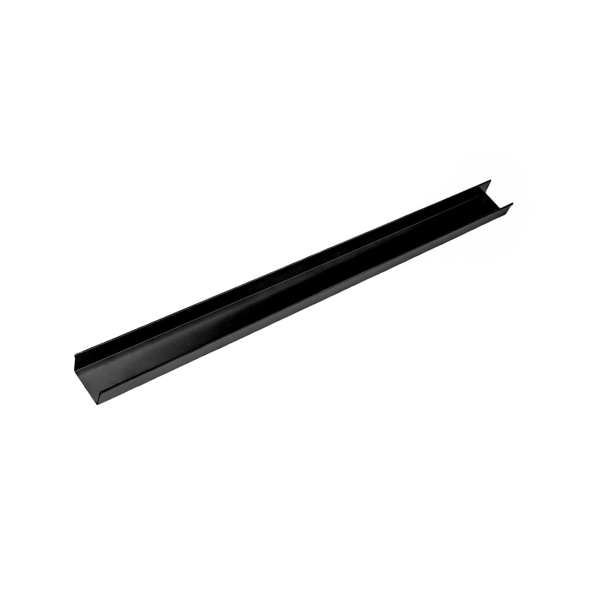 Matte black linear drain channel with sloped sides and angled edges, 48 inches long.
