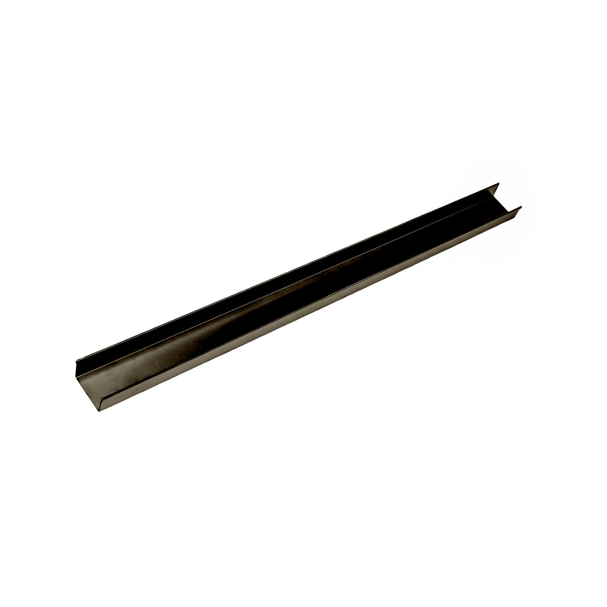 Oil rubbed bronze linear drain channel with sloped sides and angled edges, 48 inches long.