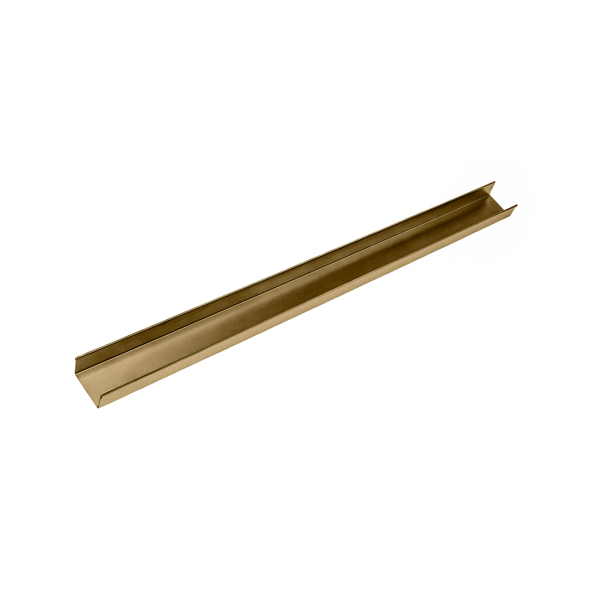 Satin bronze linear drain channel with sloped interior walls and raised edges, 48 inches long.