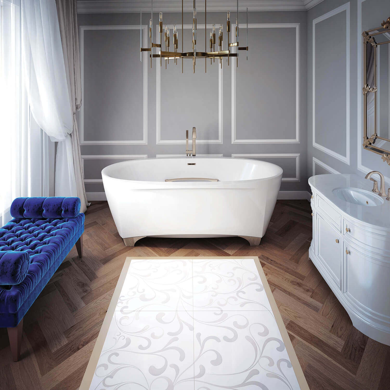 White oval freestanding bathtub with curved sides and integrated deck rim in luxury bathroom setting.