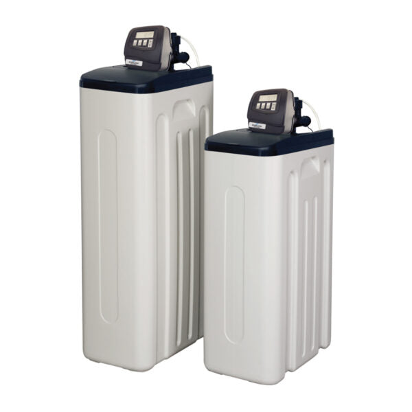 Two white rectangular water softener tanks with black control heads and digital displays.