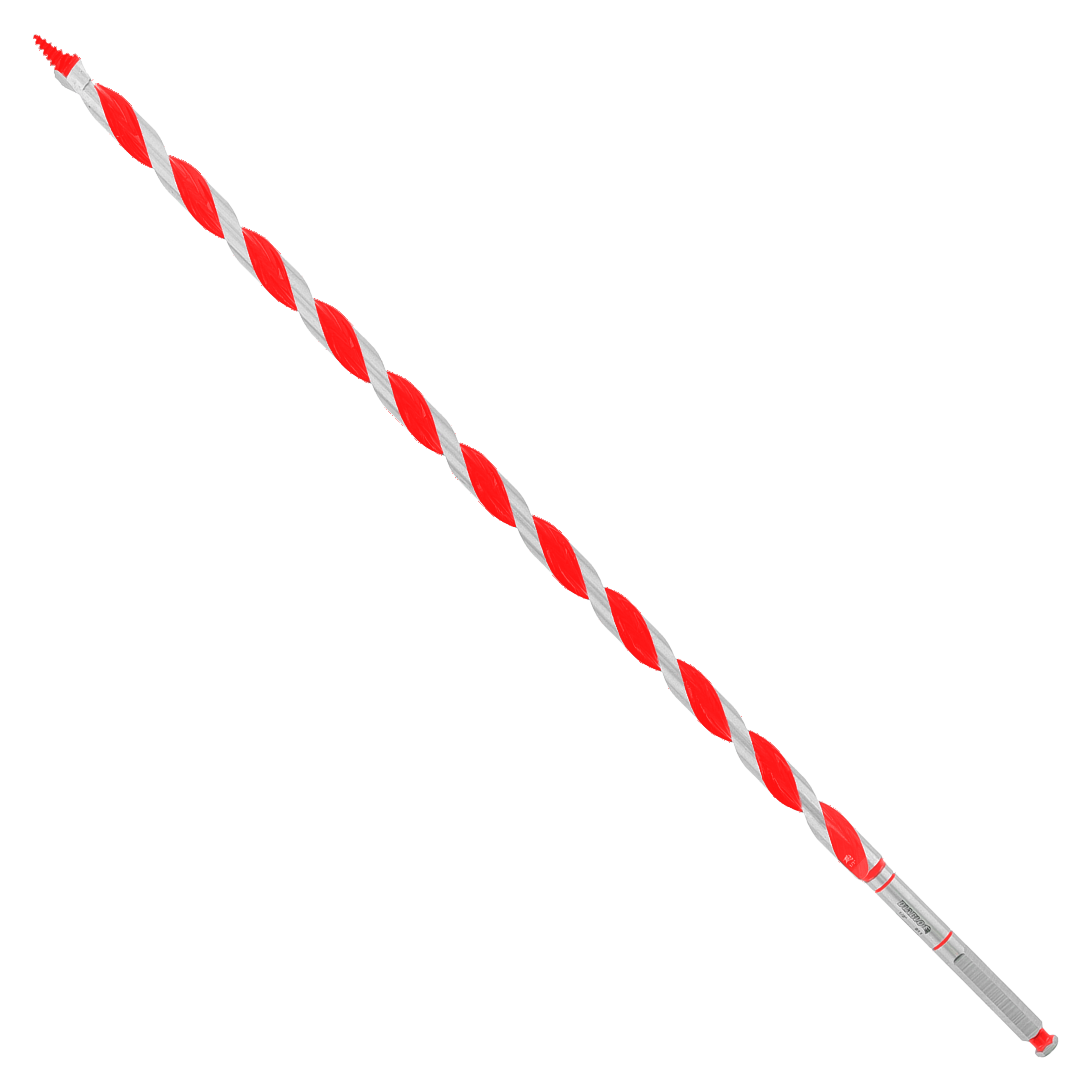 Red and silver twisted auger bit with pointed tip and cylindrical shank.