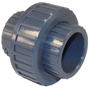 Gray PVC union valve with threaded connecting ends and ribbed grip sections.
