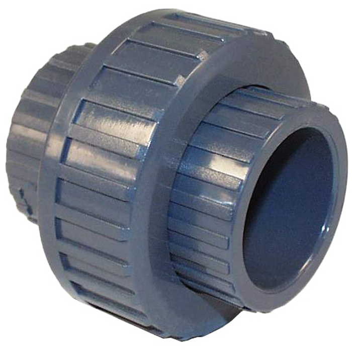 Gray PVC union valve with threaded connecting ends and ribbed grip sections.